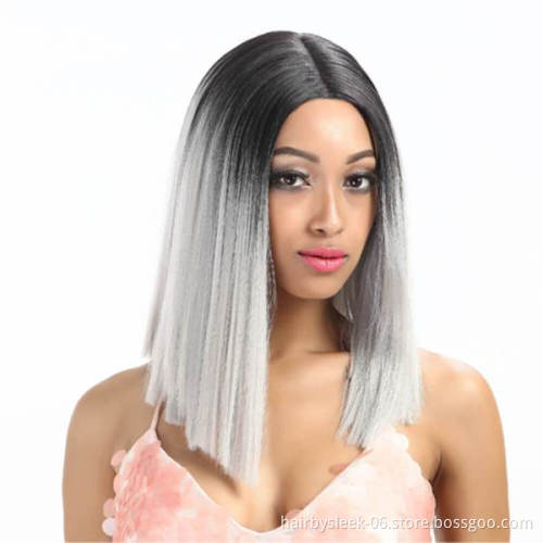 Shakia Baby Pink Ombre Middle Part Blunt Cut 14 Inches Short Bob Straight Hair Synthetic Lace Front Wigs for black woman